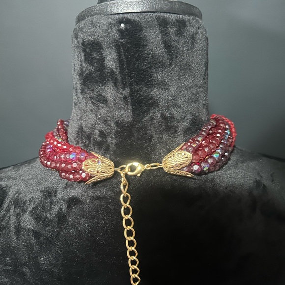 Red, Yellow and Blue Vintage Necktie Statement Necklace with Floral Design - Picture 3 of 3